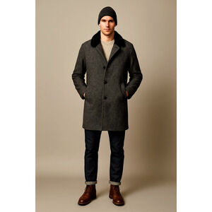Huckberry Vintage XL Tweed 100% Wool Shearling Coat $550 Long Jacket Black Gray